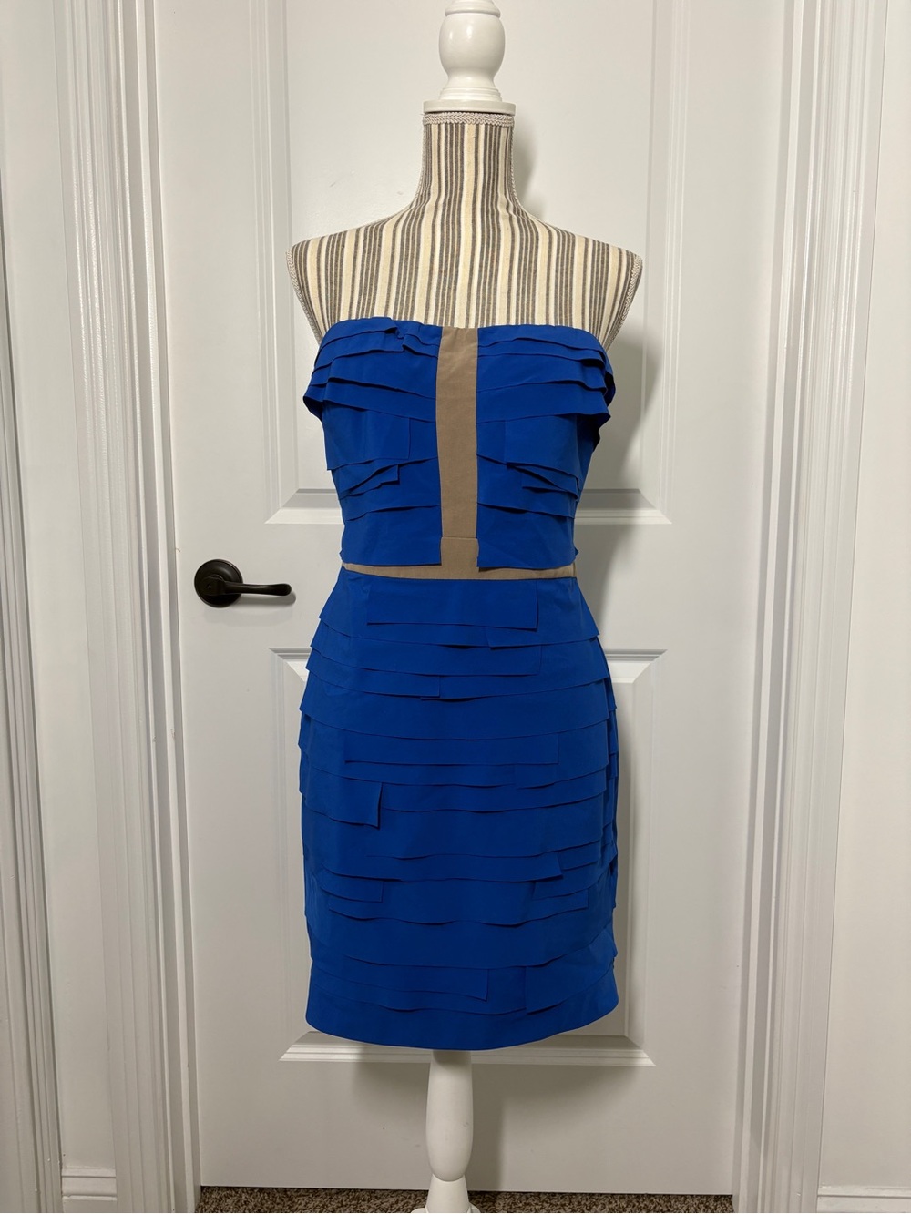 Gianni Bini Cobalt Blue Strapless Layered Sheath Dress with Tan Trim